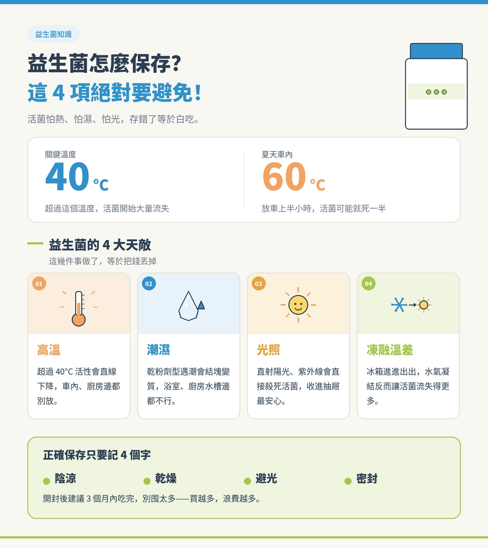益生菌要怎麼保存：高溫、潮濕、光照、冰箱進進出出都不行！